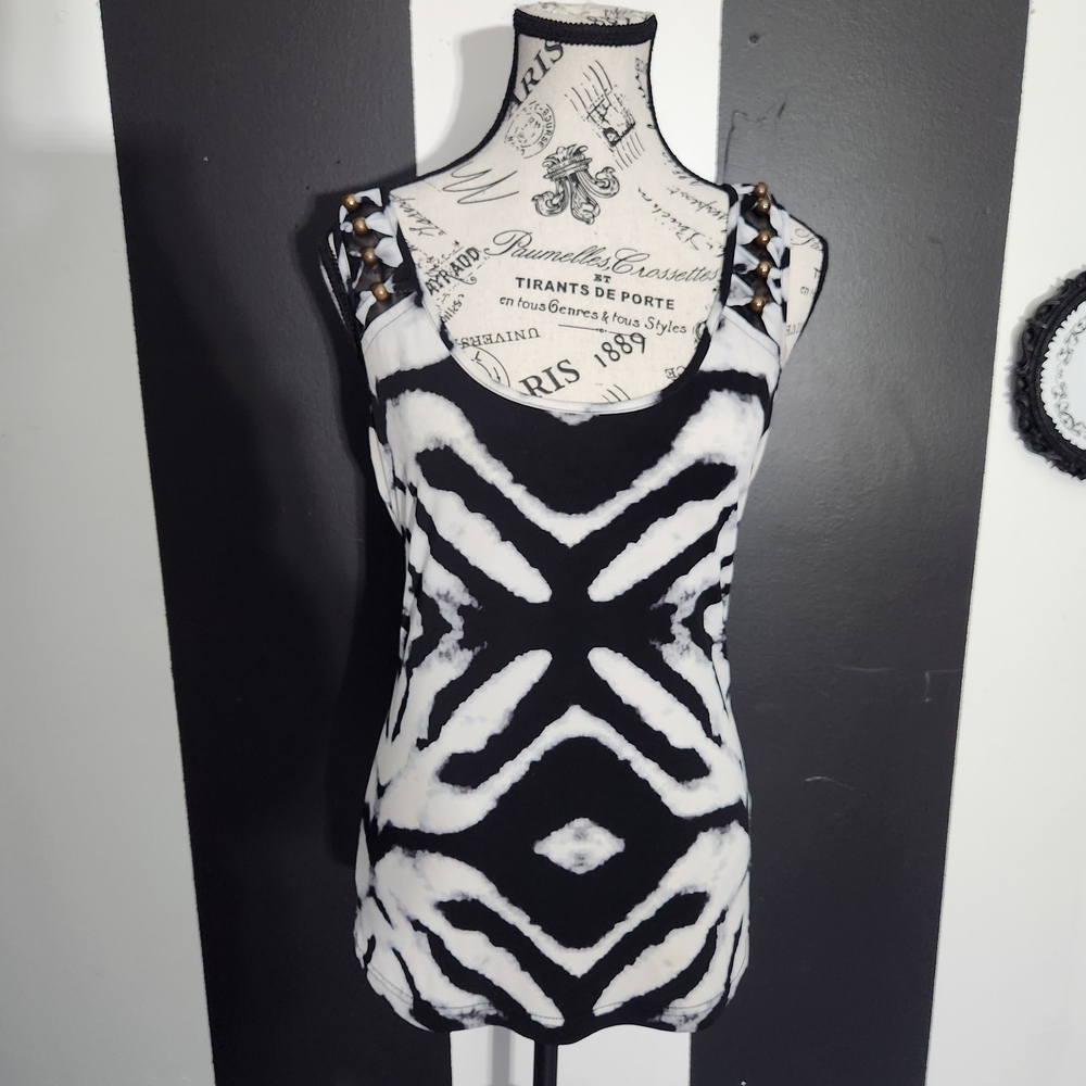 Bebe Black and White Patterned Tank Top